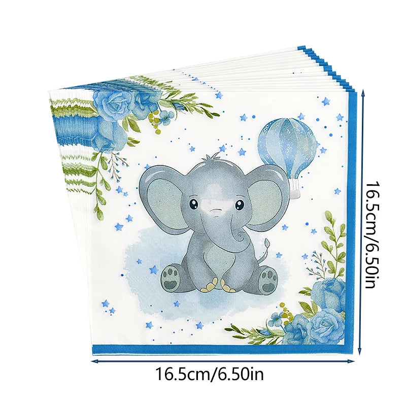 A stack of blue and white floral patterned disposable party tableware featuring a cartoon elephant design.