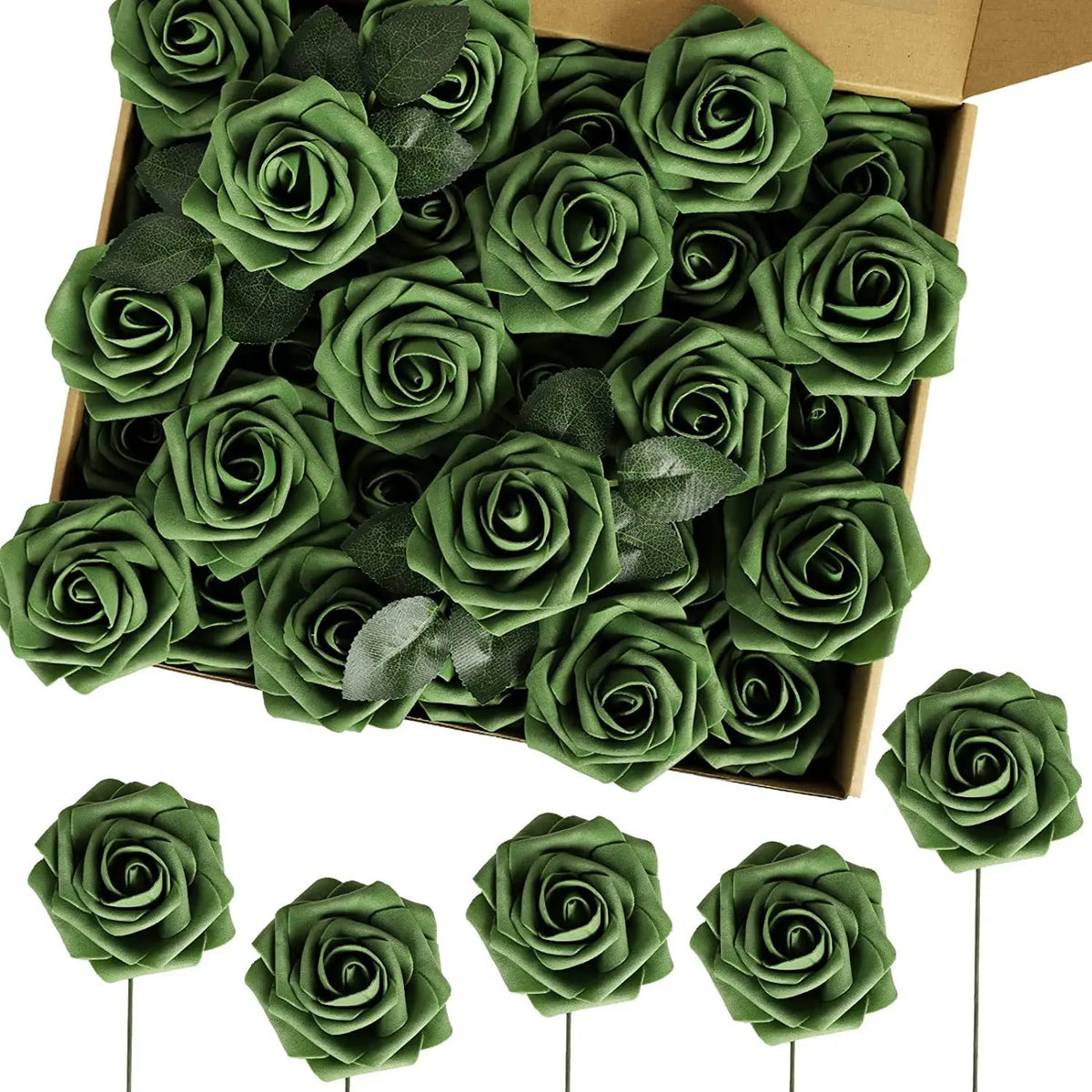 A box filled with artificial green foam roses for DIY floral decor