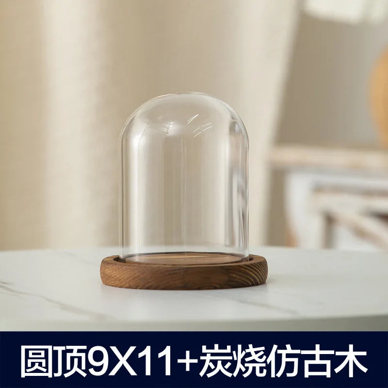 Glass aromatherapy candle holder with a wooden base and dust-proof cover