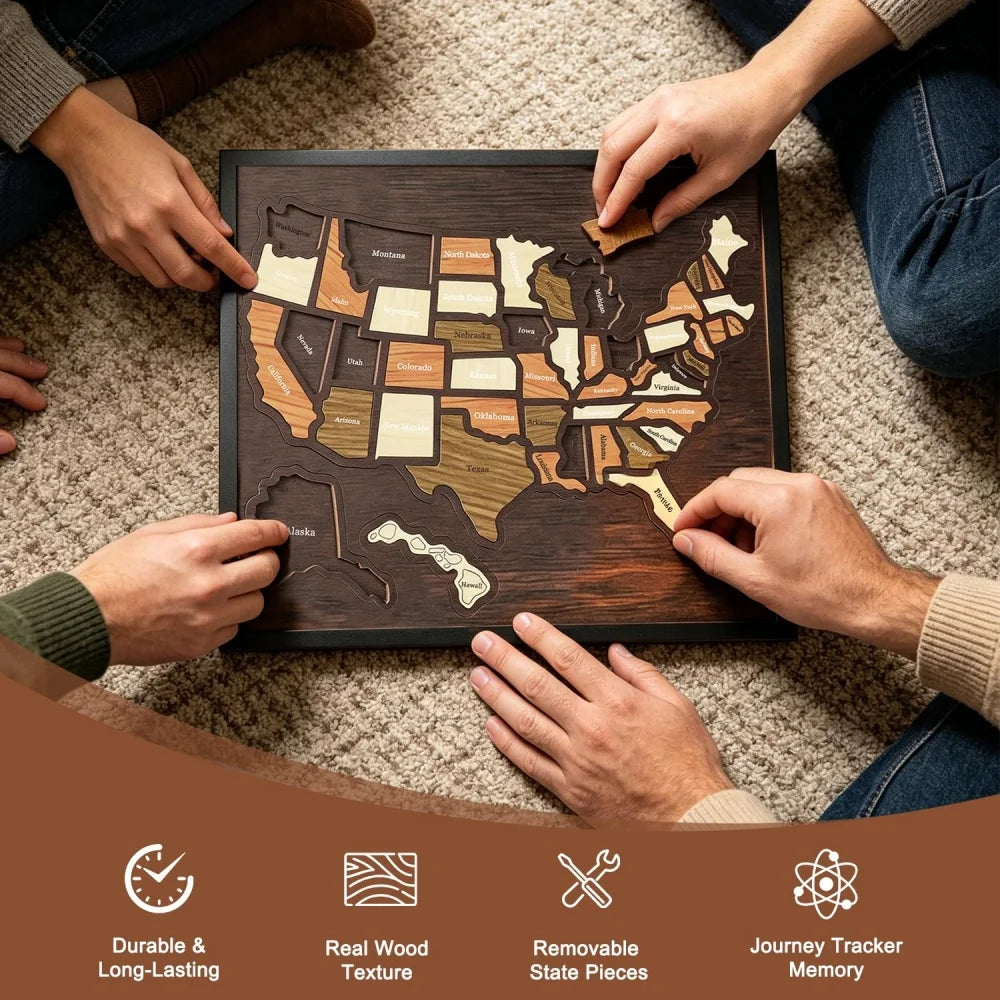 Hands assemble a custom engraved wooden USA travel map puzzle on a textured rug.
