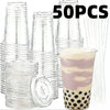 A set of 50 disposable clear plastic cups with lids and a layered purple drink in one cup.