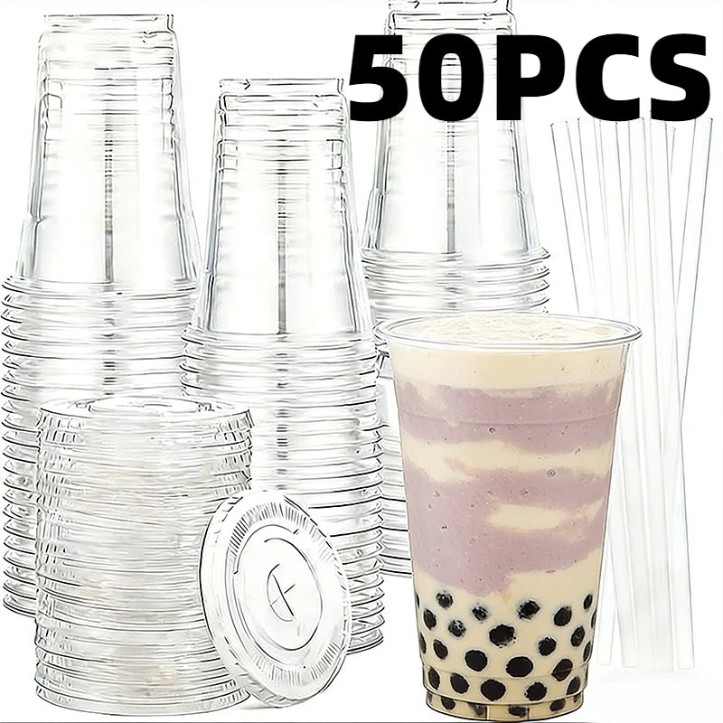 A set of 50 disposable clear plastic cups with lids and a layered purple drink in one cup.