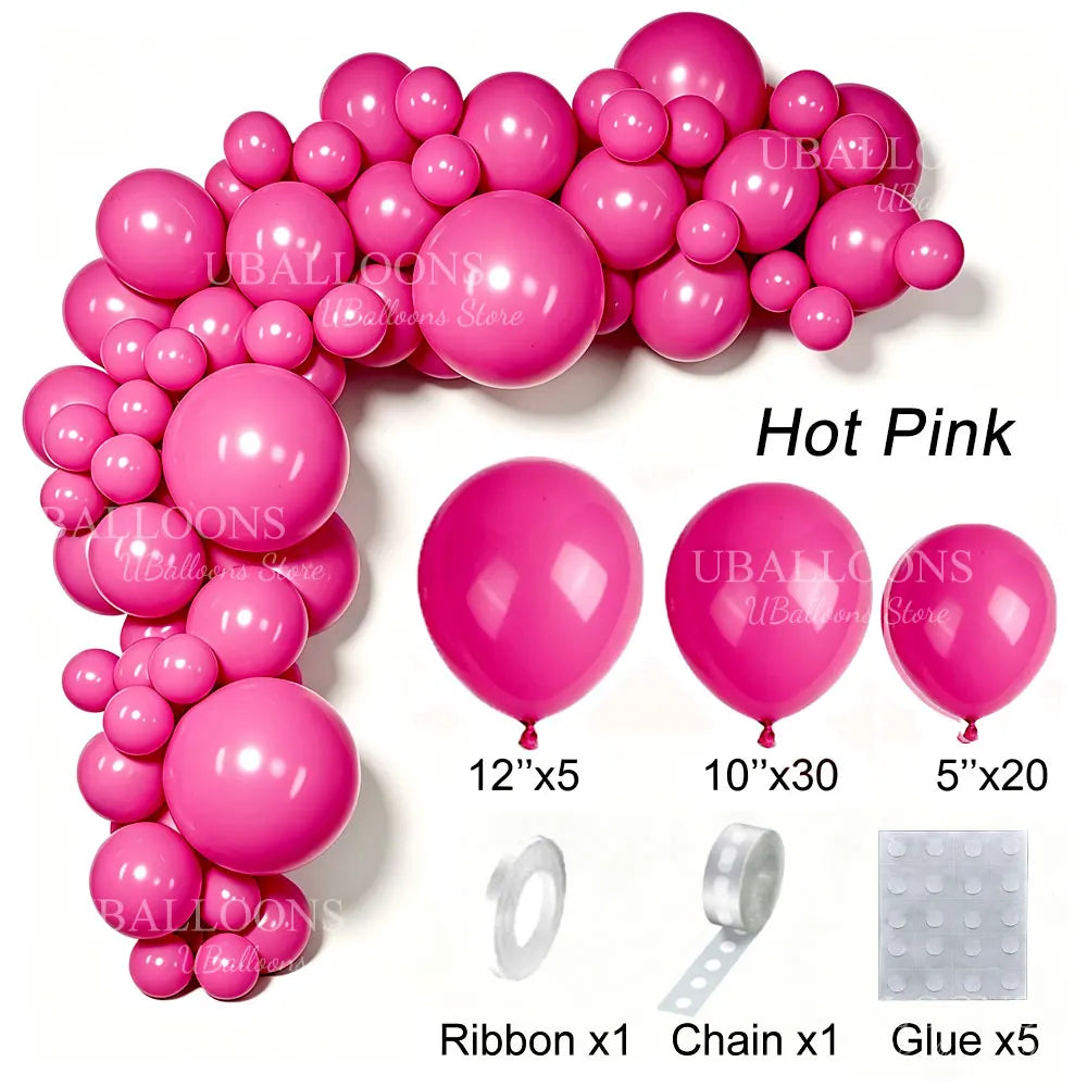 A pink latex balloon garland kit featuring 62 balloons, ribbon, chain, and glue for party decoration.