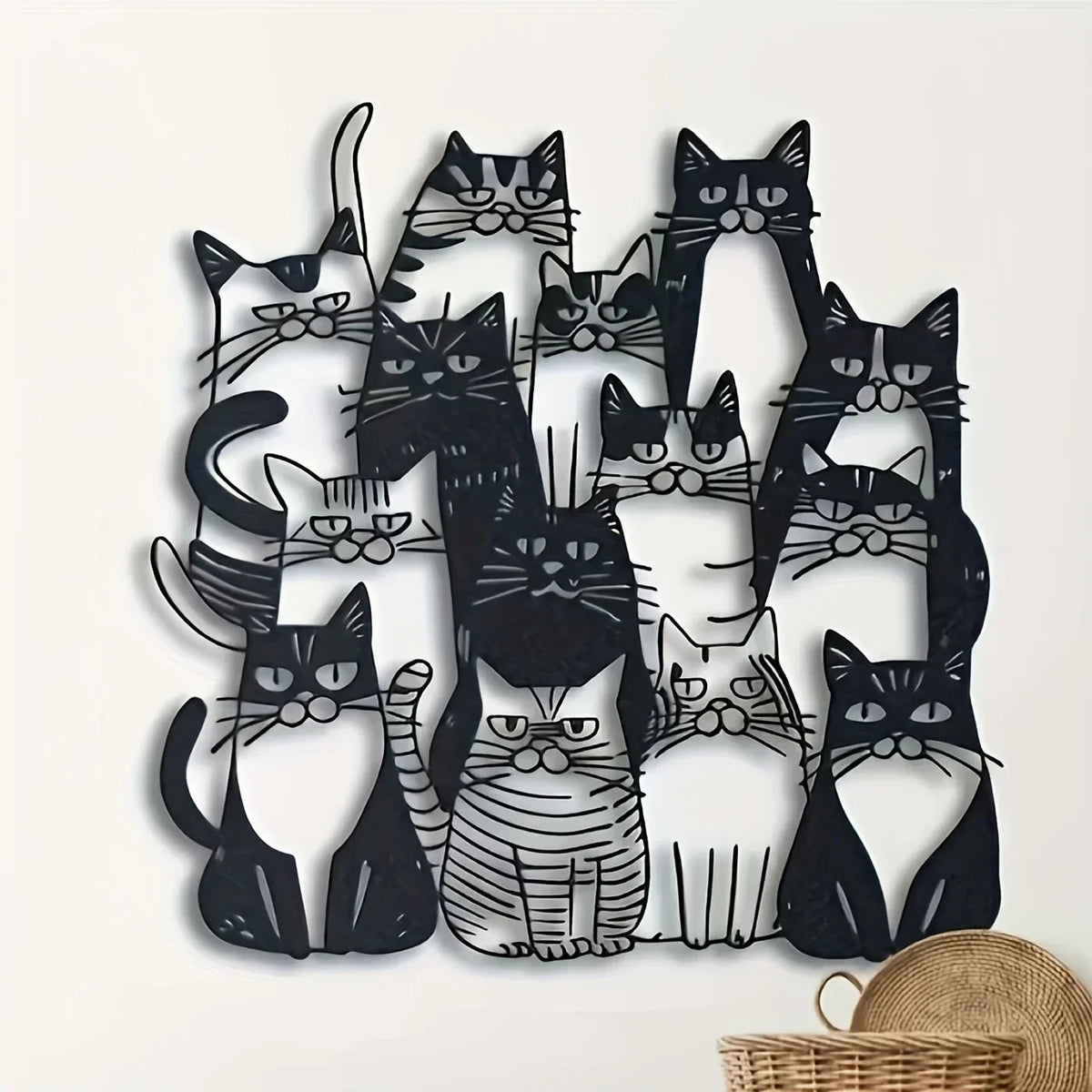 Black silhouette cat wall art featuring multiple cats in various poses for home decor