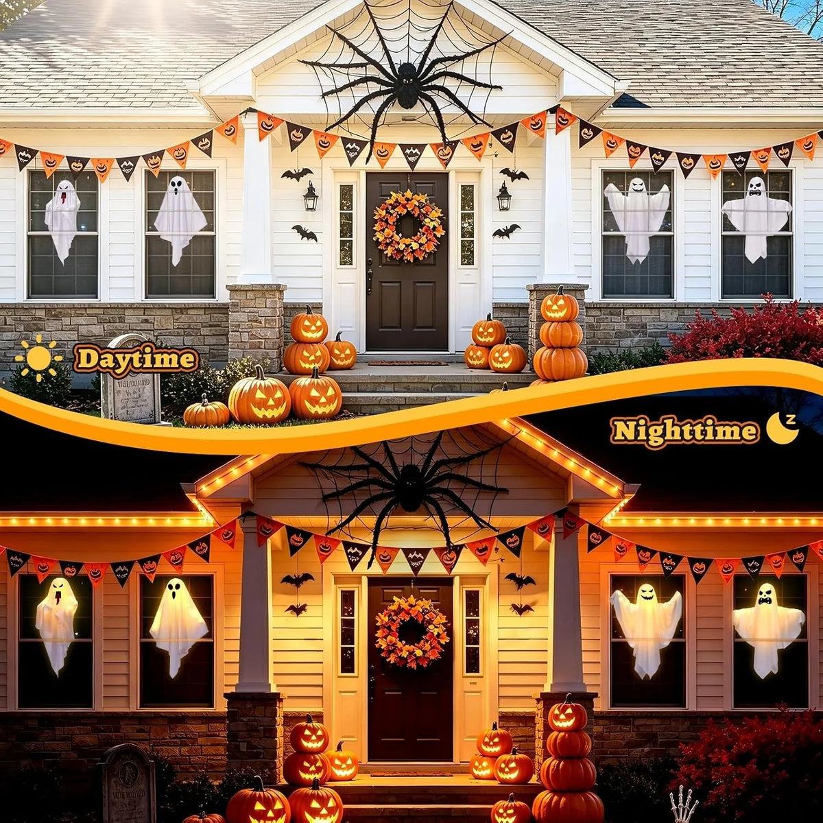 Halloween decorations featuring hanging ghosts and pumpkins with warm glow lighting for daytime and nighttime displays