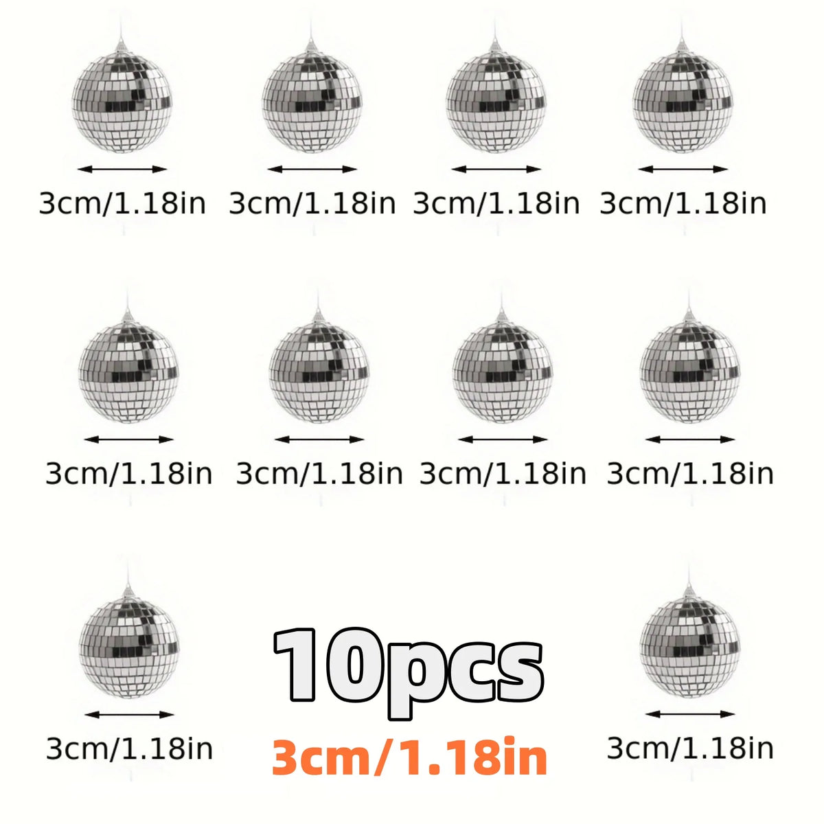 A set of ten silver mini disco ball ornaments, each measuring 3cm by 1.18in.