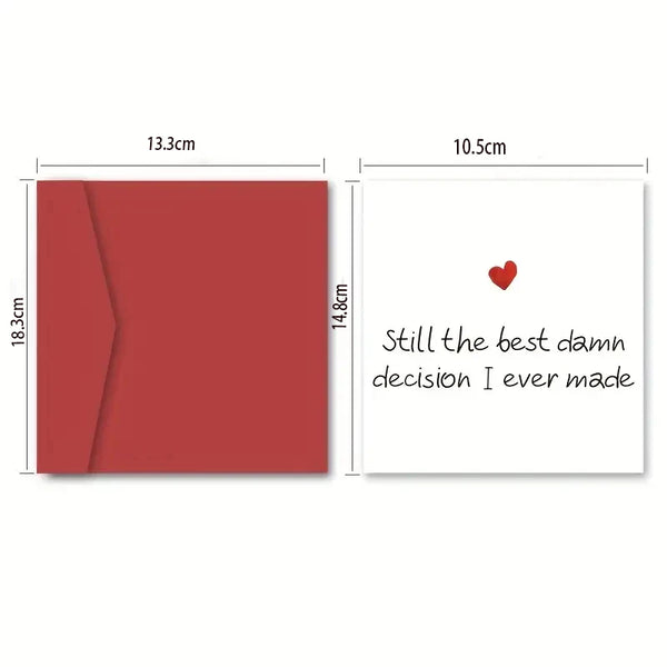 A red card with a heart design and text that reads Still the best damn decision I ever made