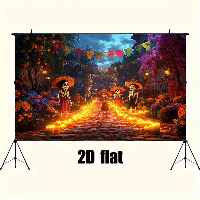 A 2D flat Day of the Dead backdrop featuring sugar skulls, skeletal figures, and vibrant floral patterns under a festive sky.