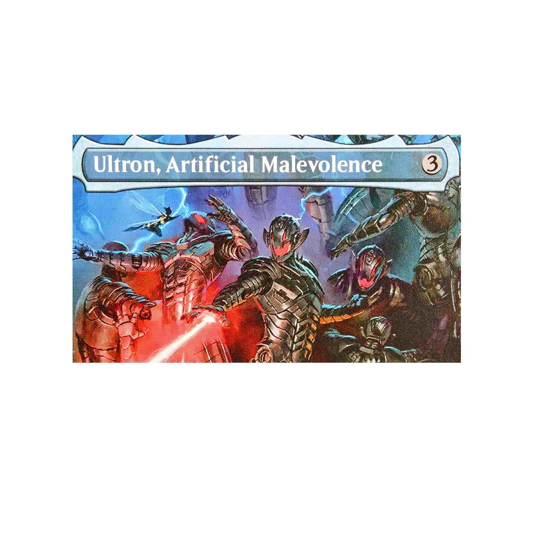 A fantasy trading card titled Ultron, Artificial Malevolence with a rarity of 3 featuring several armored figures.