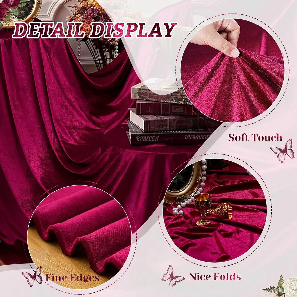Detail display of a burgundy red velvet rectangular tablecloth showing fine edges and nice folds.