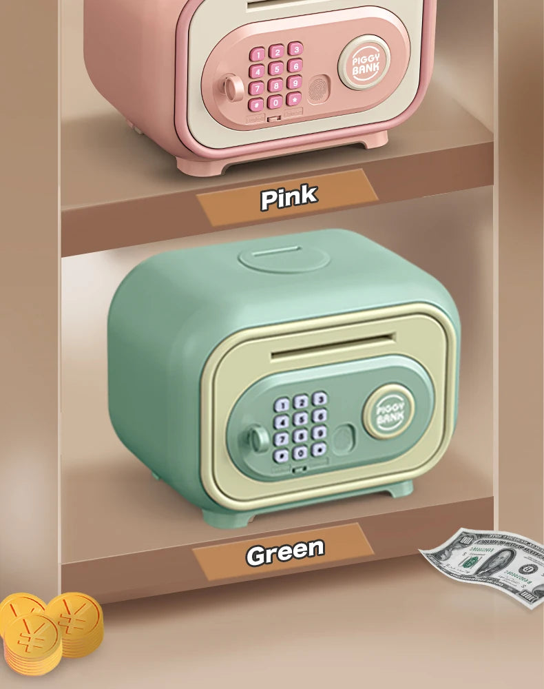 A pink and green fingerprint password piggy bank for kids displayed on shelves with money.