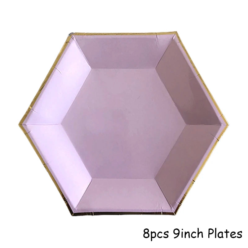Eight 9-inch plates with a purple and gold design for party tableware