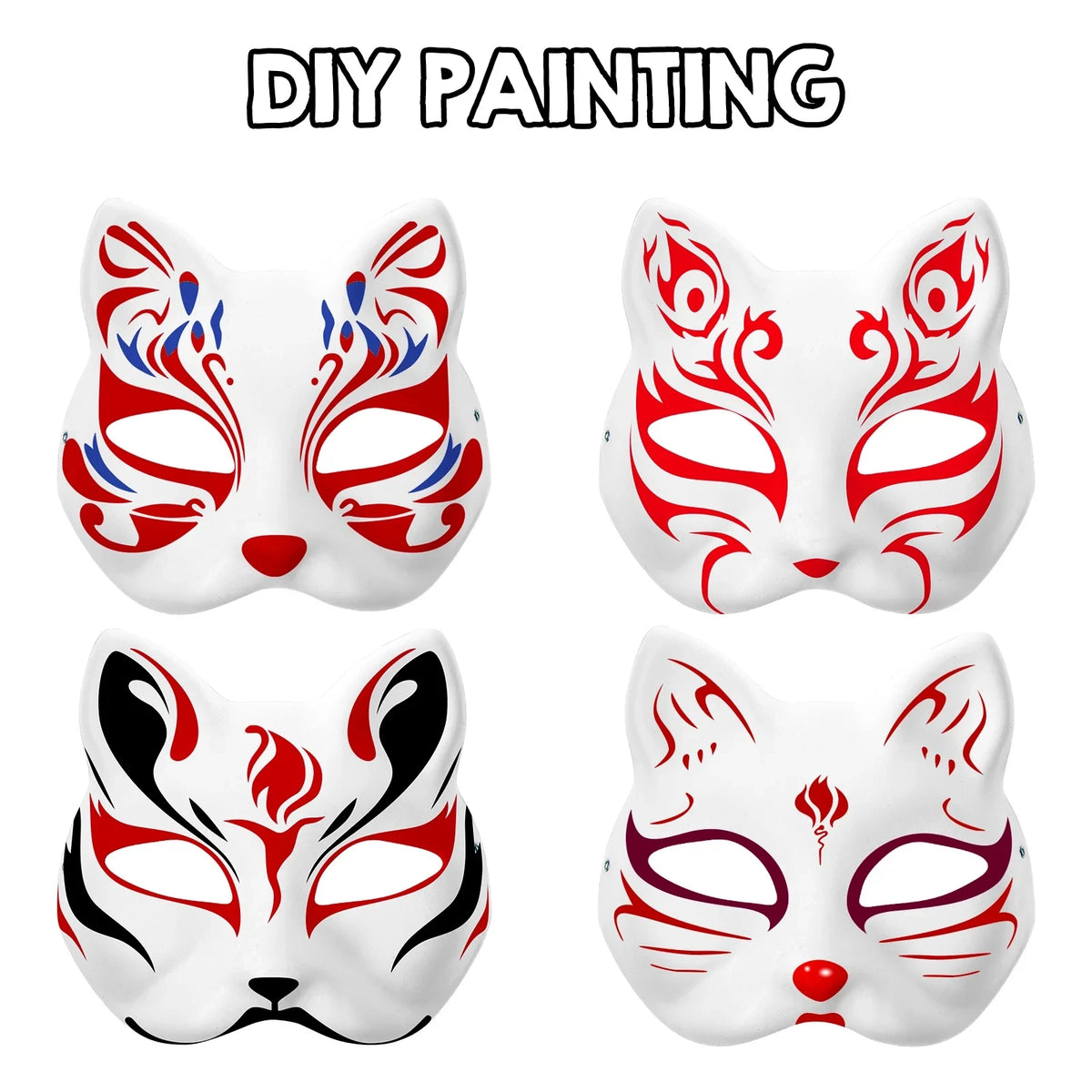 Pair of blank white cat half masks with red and black paint designs for DIY decoration and cosplay