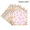 A stack of twenty pink and green floral patterned napkins with gold trim.