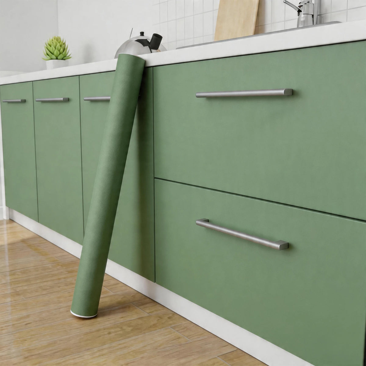 A set of matte peel and stick decor stickers in a light green color displayed on kitchen cabinets.