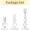 A package list showing three clear glass tapered candle holders with wavy designs.