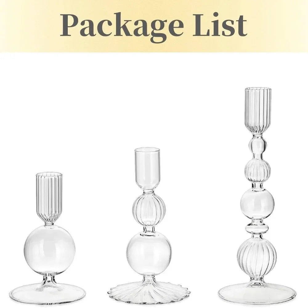 A package list showing three clear glass tapered candle holders with wavy designs.