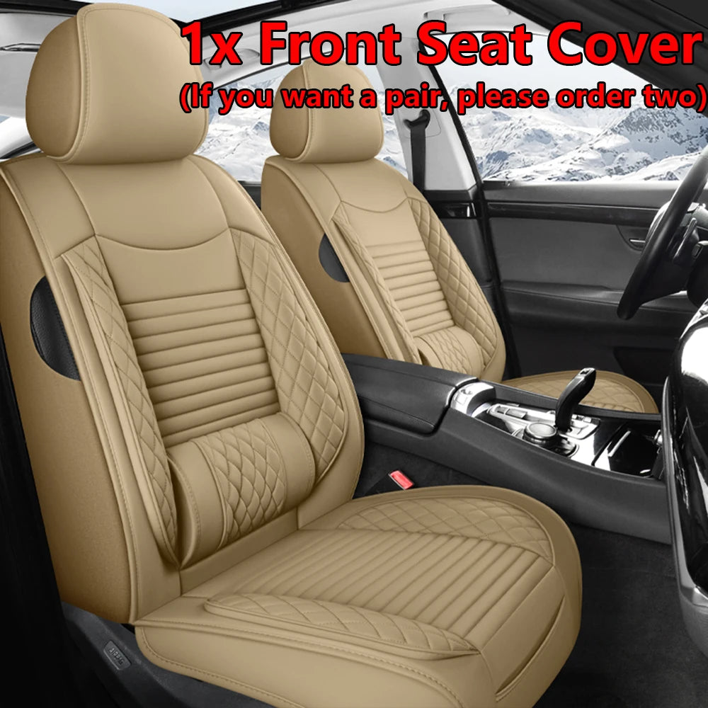 A pair of beige front seat covers for a car, showing the texture and fit of the leather upholstery.