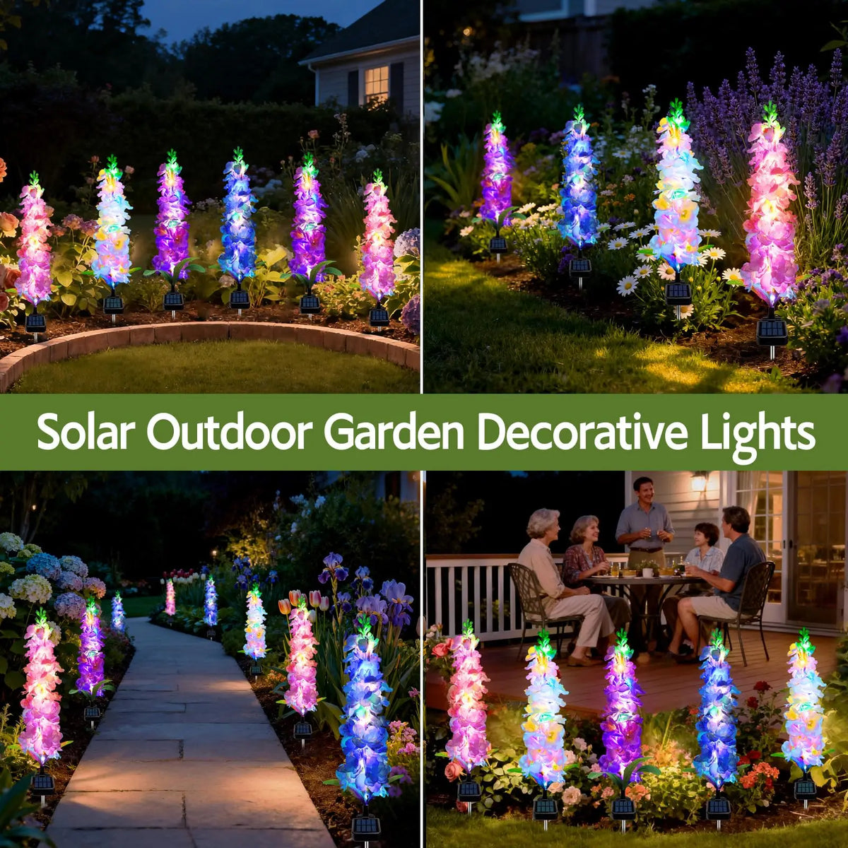 A set of four solar outdoor garden decorative lights shaped like flowers in various colors illuminating a garden pathway.