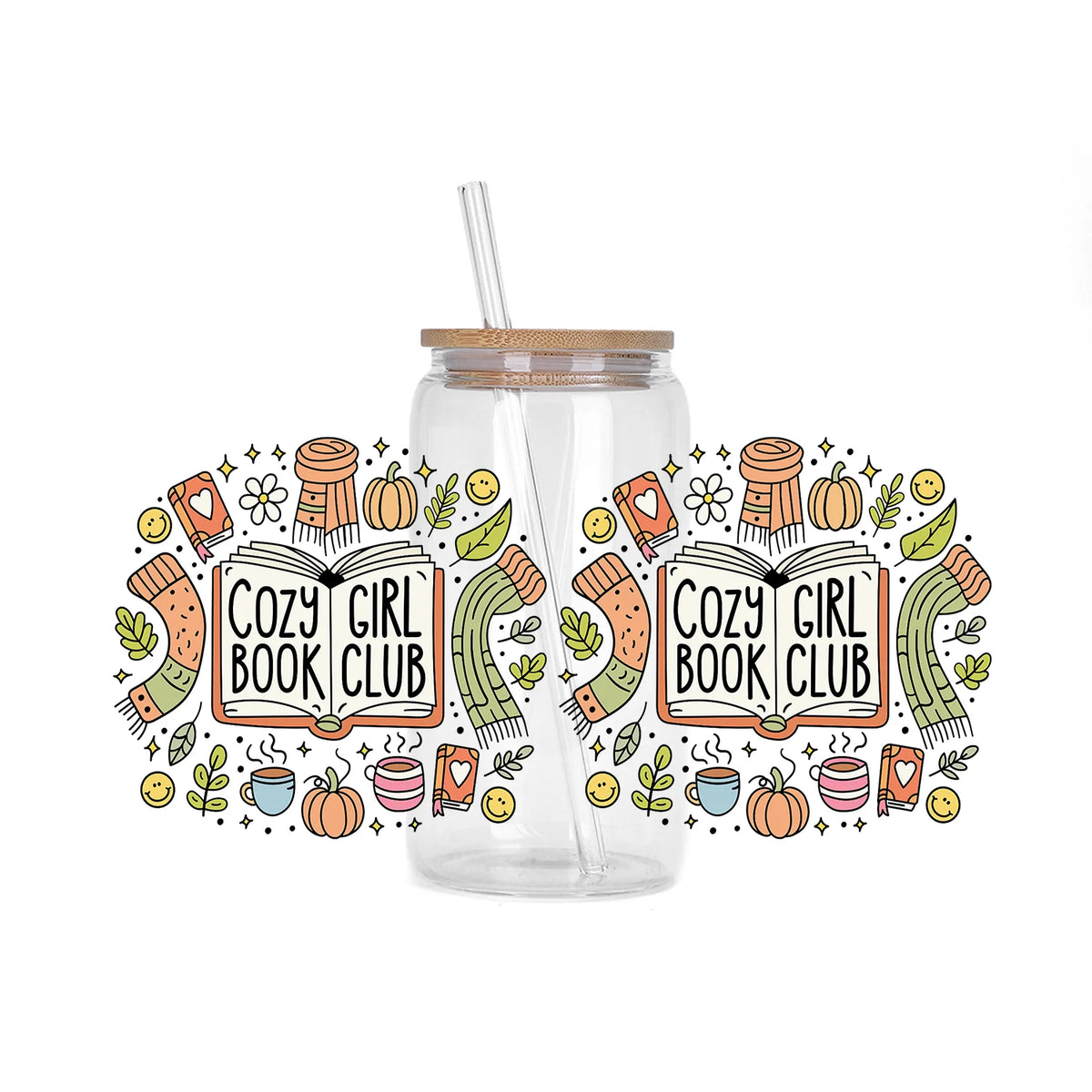 A glass jar with a cork stopper and a straw, surrounded by decorative stickers featuring books and natural elements.