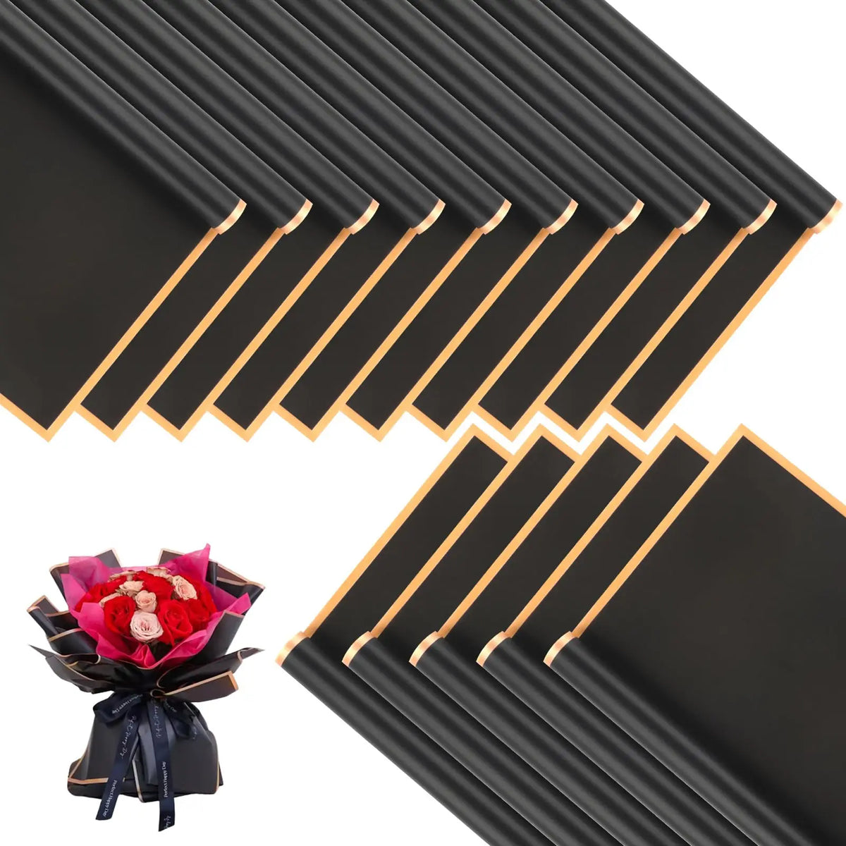 Black decorative flower wrapping paper with gold edges shown in a fan-like arrangement.