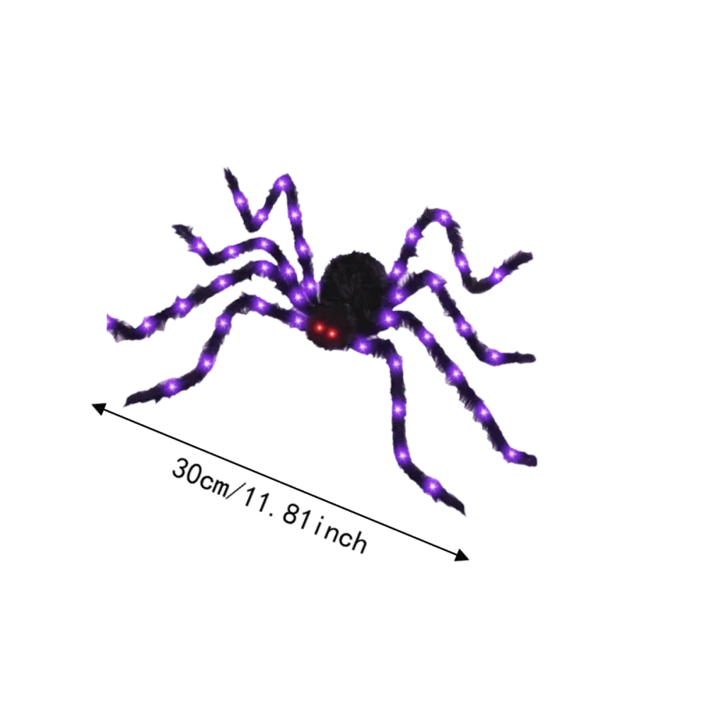 An LED light-up furry Halloween spider decoration with a purple glow.