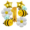 A set of six aluminum foil daisy balloons in white and yellow, including star and number decorations.