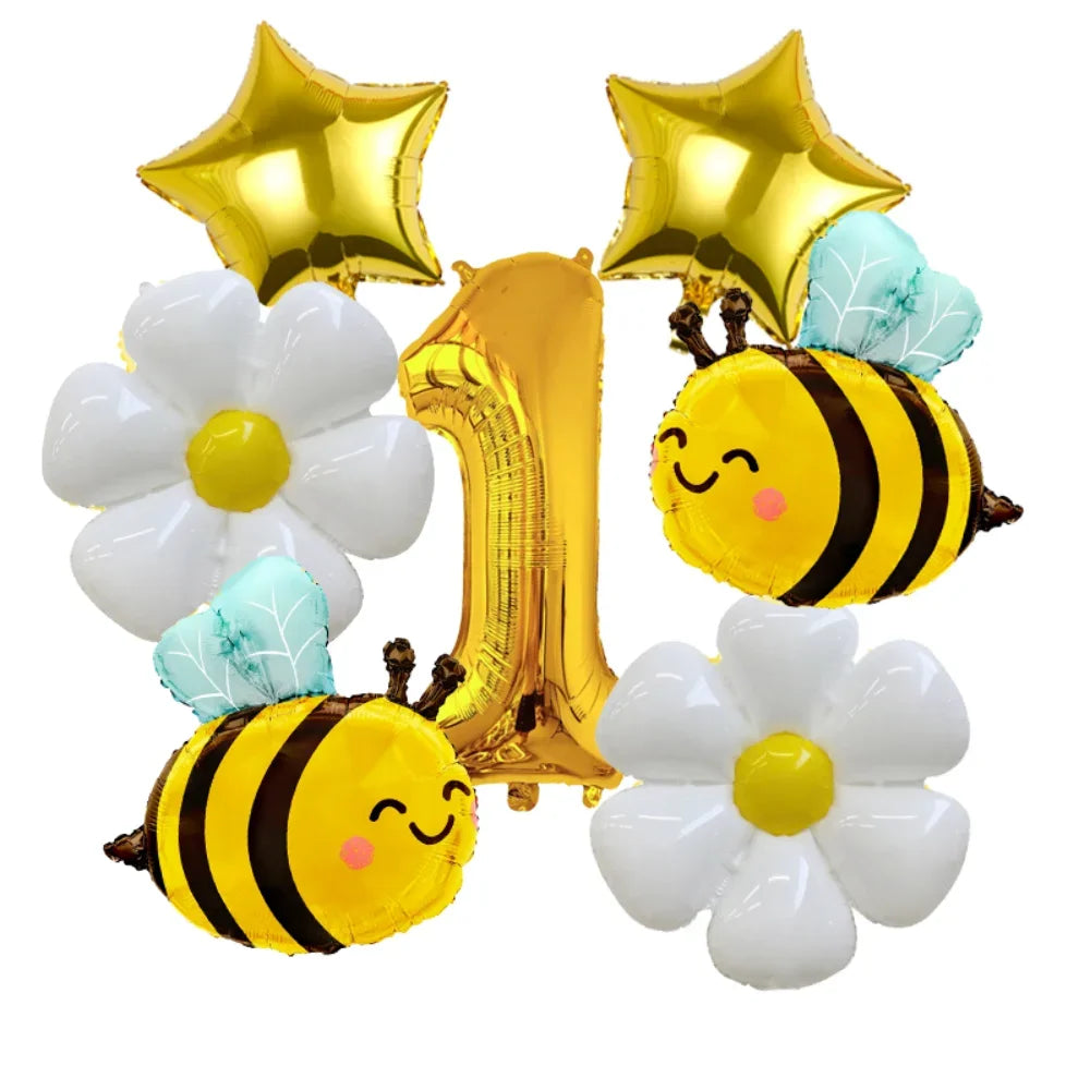 A set of six aluminum foil daisy balloons in white and yellow, including star and number decorations.