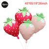 Four pink and green strawberry foil balloons, measuring 45x65/18x26 inches each.