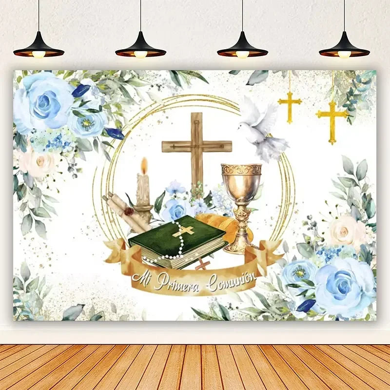 A white backdrop featuring gold crosses, floral elements, and a Bible for a First Communion photography session.