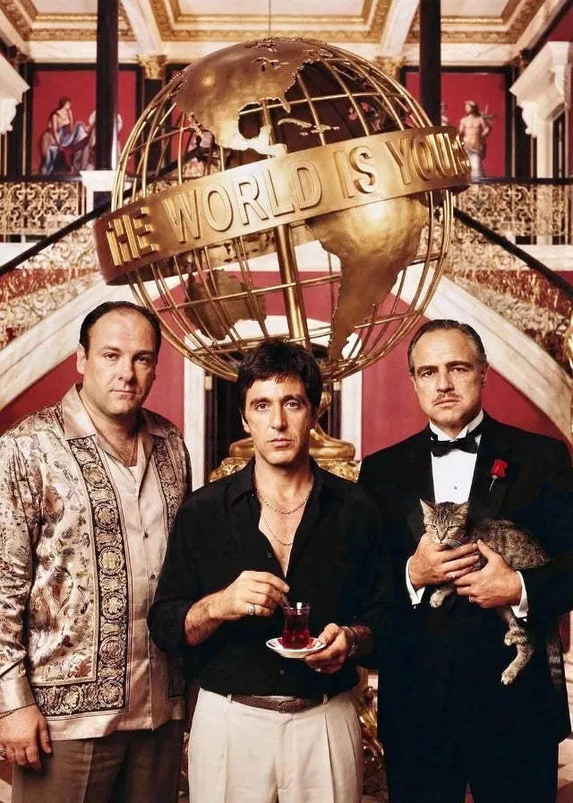 Three men pose in front of a large golden globe sculpture with the text The World Is Yours