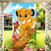 A cartoon illustration of a playful orange lion cub surrounded by tropical flowers and green foliage.
