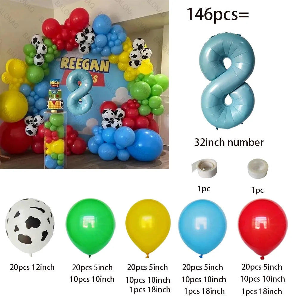 A colorful latex balloon garland kit featuring balloons in red, blue, and green colors.