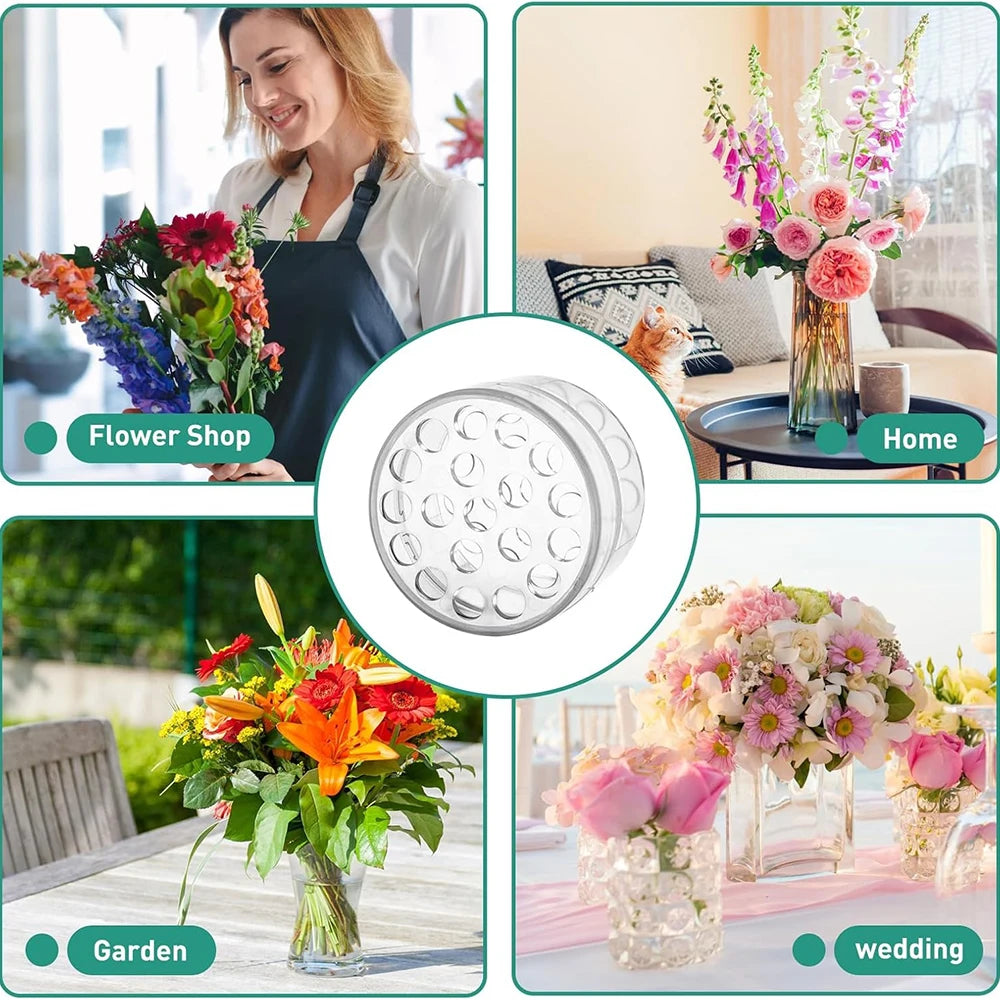A silver spiral stem holder for DIY floral arrangements shown in various contexts like a flower shop, home, garden, and weddi