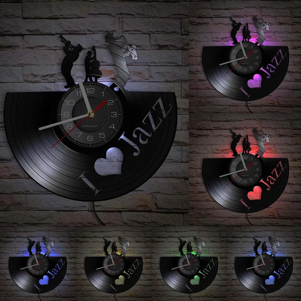 A collection of nine vintage vinyl record wall clocks featuring a jazz theme and a heart design.