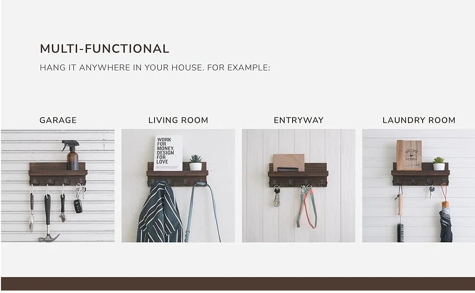 Rustic wooden key holder organizer displayed in various household locations including a garage, living room, entryway, and la