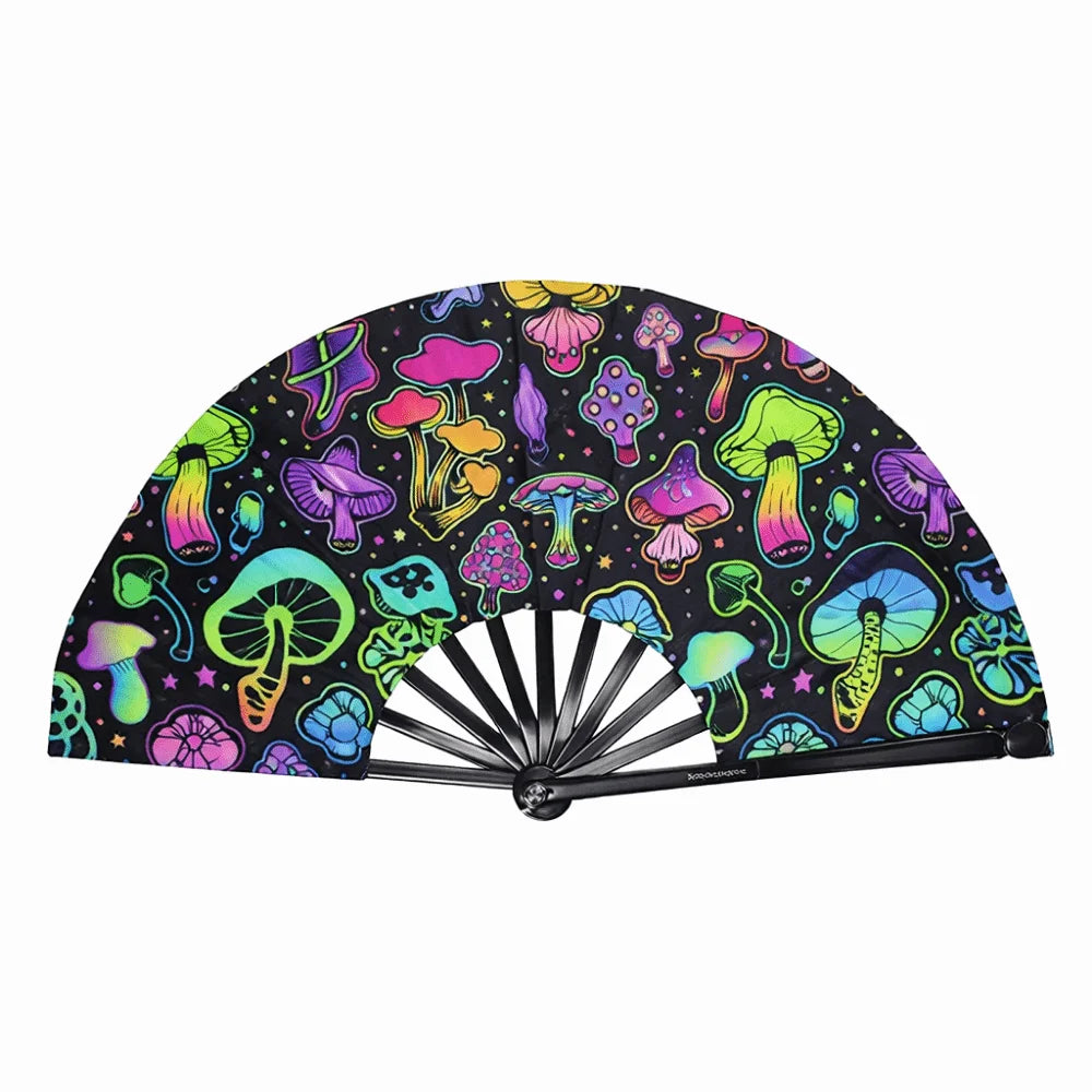A black folding hand fan decorated with colorful fluorescent and UV glow mushrooms and psychedelic patterns.