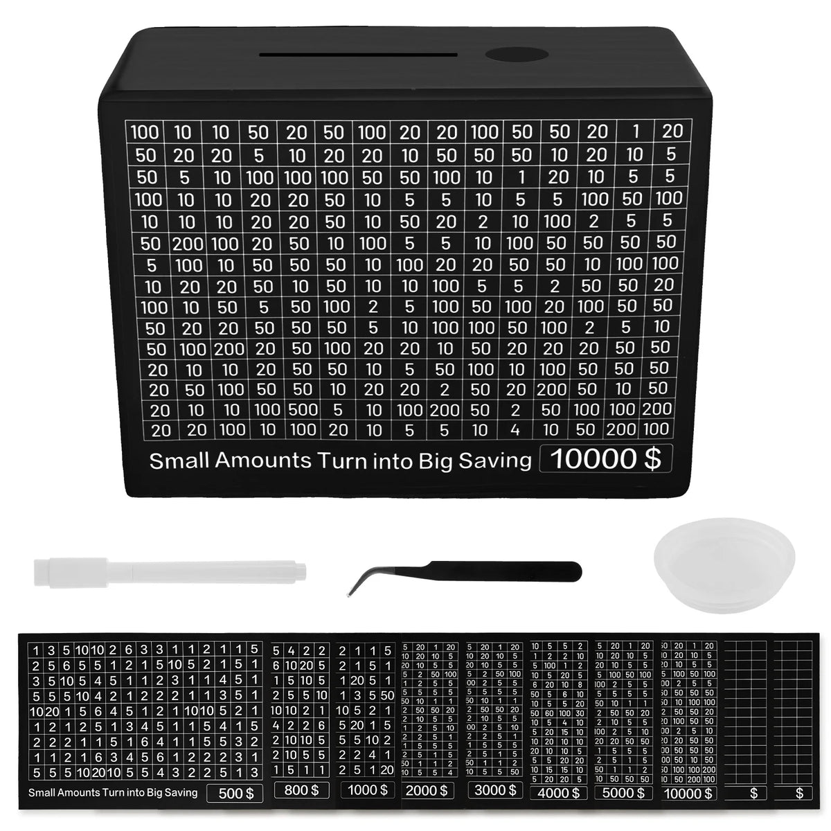 Une tirelire rectangulaire noire avec diverses coupures de monnaie américaine visibles sur la surface supérieure.