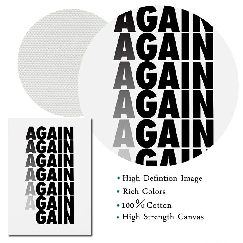 Black and white motivational quote canvas wall art print featuring the text AGAIN AGAIN AGAIN GAIN