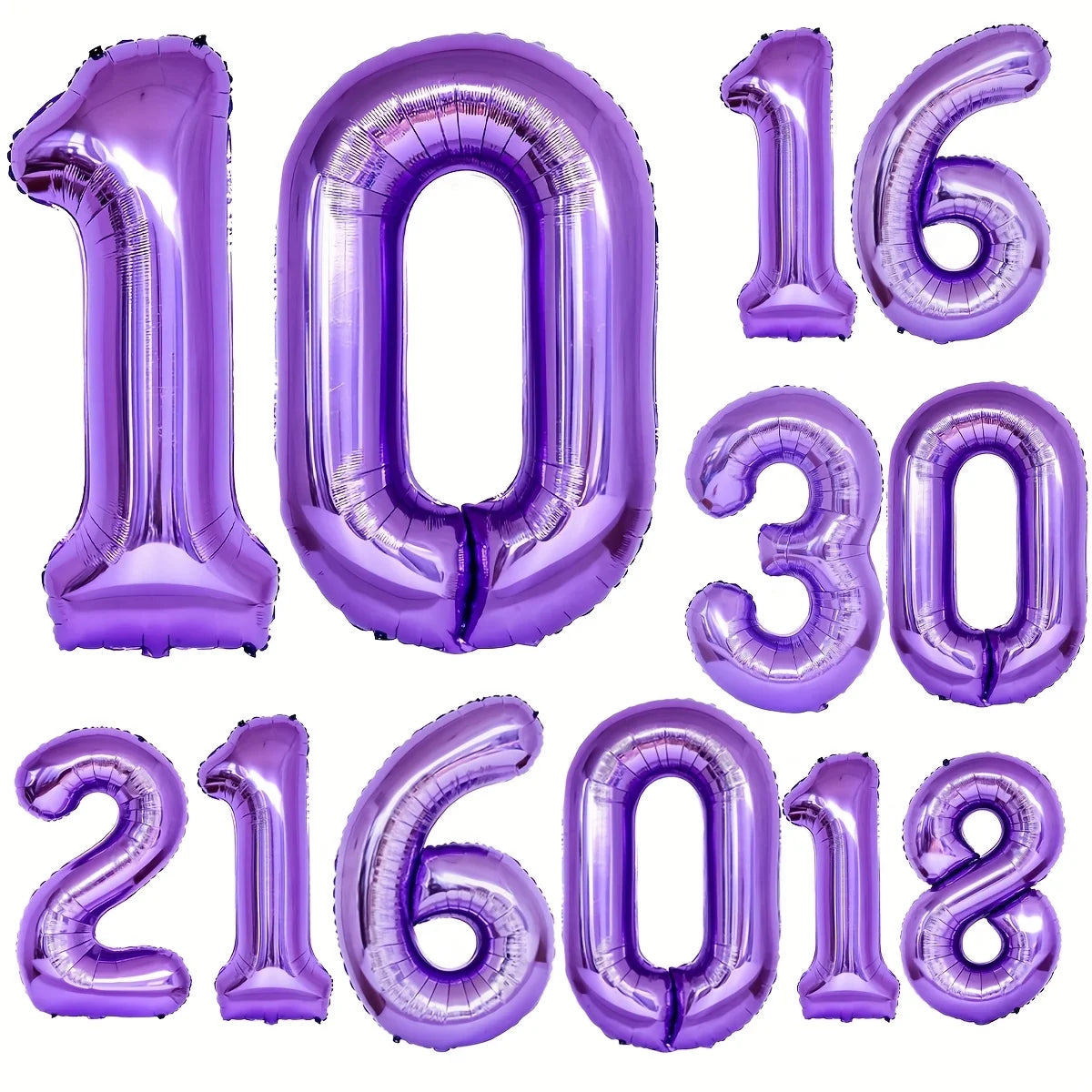 A set of purple foil number balloons spelling out 101630 and 216018.