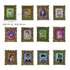A collection of miniature framed wall art featuring various stylized female figures in colorful, ornate gold frames.
