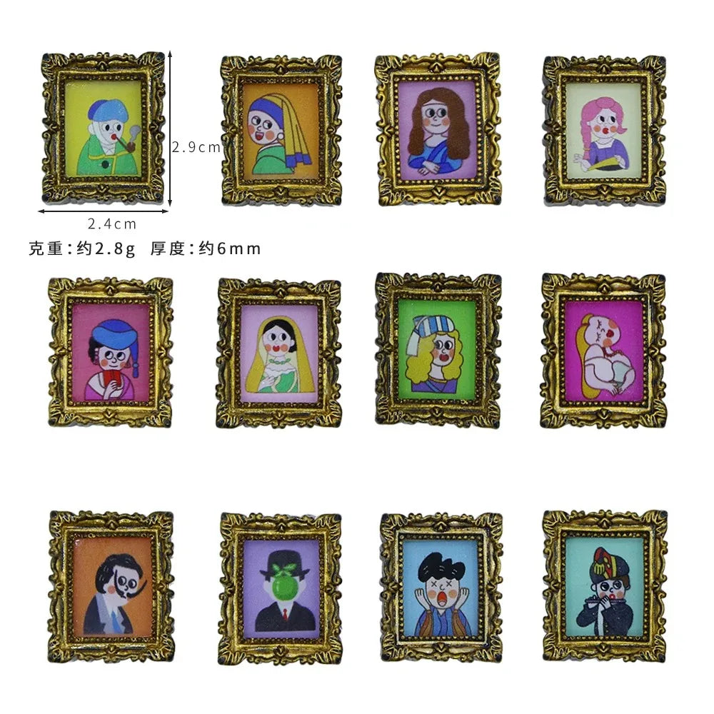 A collection of miniature framed wall art featuring various stylized female figures in colorful, ornate gold frames.