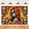 A vibrant Day of the Dead fiesta photo backdrop featuring colorful floral skull designs and rich autumnal colors.