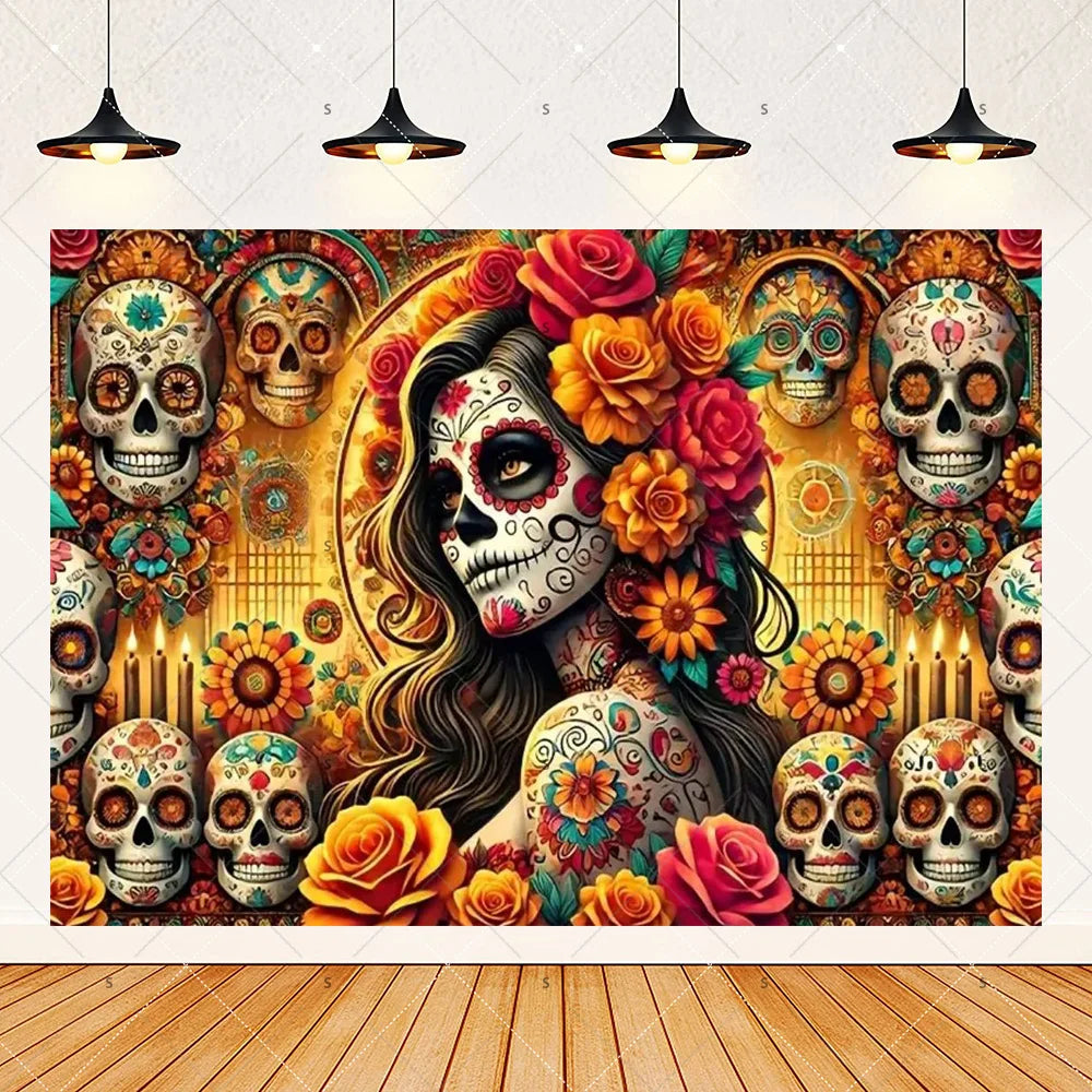 A vibrant Day of the Dead fiesta photo backdrop featuring colorful floral skull designs and rich autumnal colors.