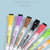 An assortment of eight whiteboard markers in various colors and fine tips are displayed against a light blue background.