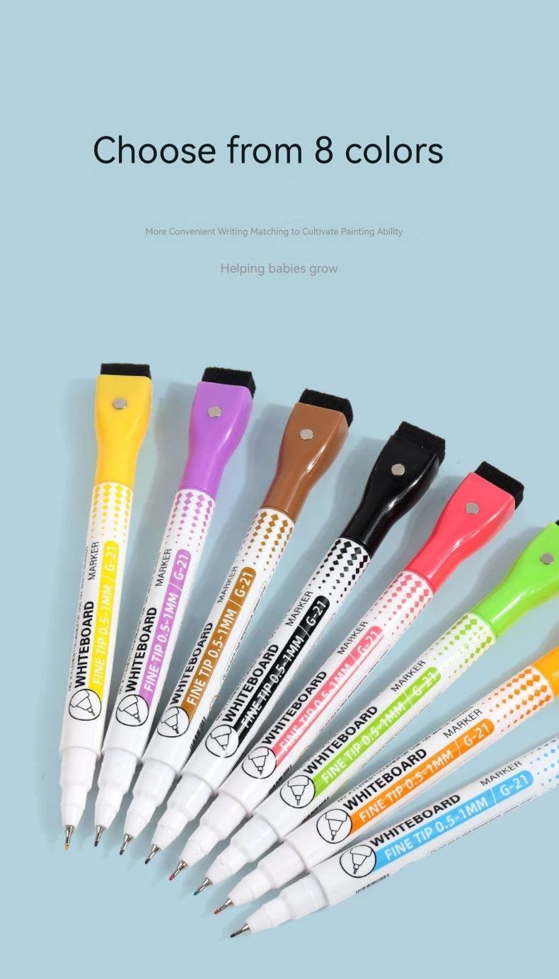 An assortment of eight whiteboard markers in various colors and fine tips are displayed against a light blue background.