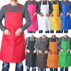 A collection of various colored waterproof kitchen aprons worn by people.
