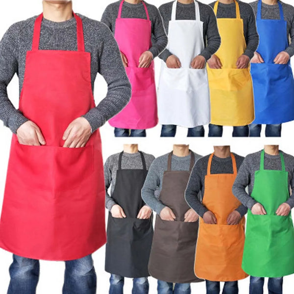A collection of various colored waterproof kitchen aprons worn by people.