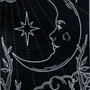 A black and white line drawing of a crescent moon, stars, and branches against a dark background.