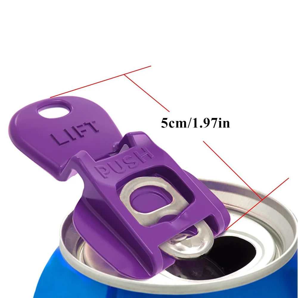 Purple portable manual can opener tool shown with a measurement indicator.